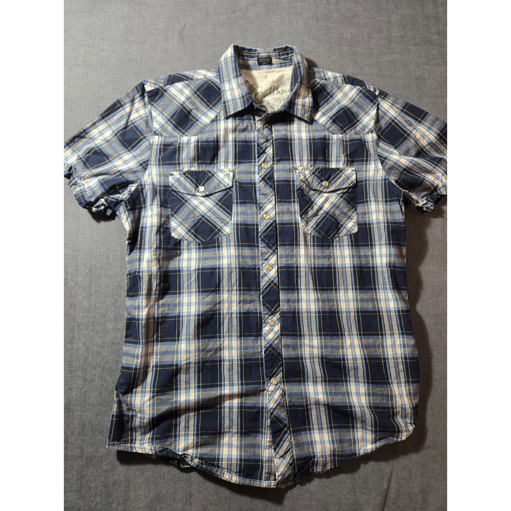 Bullhead Men's Shirt Large Pearl Snap Plaid Western Short Sleeve Button